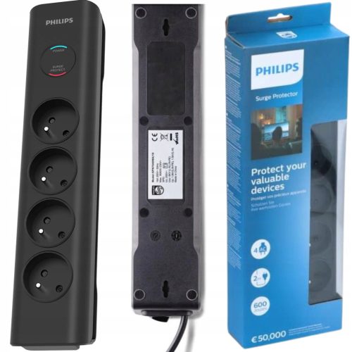  Philips Überspannungsschutz-Verlängerungskabel, 2 m, 4 Stück, weiß