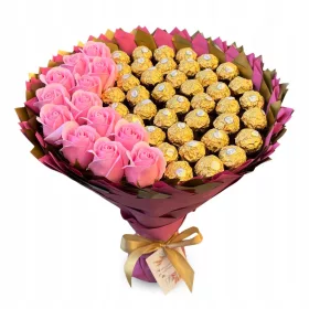    Ferrero Rocher Blumenstrauß 40 Stk. und Rosen. Geschenk zum 40. Geburtstag. Hochzeit.