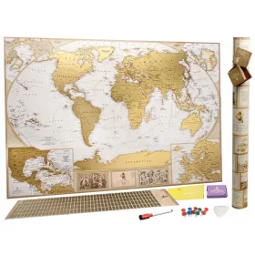    XXL große Weltkarte zum Rubbeln, 88 x 60 cm, antike Premium-Karte mit Flaggen + Zubehör