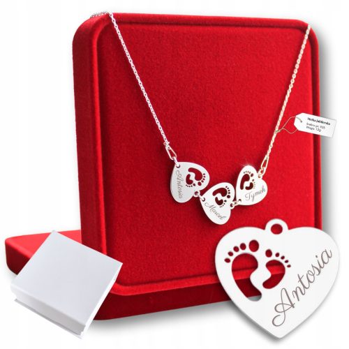  Silberkette mit drei Herzen und Füßen, 925er Gravur, Geschenk für Mama