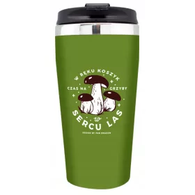    Thermobecher als Geschenk für einen Pilzpflücker. Zeit für Pilze