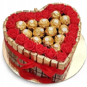    Herzförmiger Süßigkeitenkuchen Ferrero Rocher, Merci und Rosen