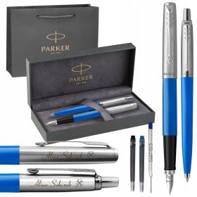    Parker blauer automatischer Kugelschreiber + Parker Jotter blauer und silberner Füllfederhalter mit Patronen