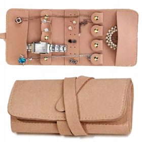    ORGANIZER-REISE-SCHMUCKKOFFER, GEROLLTE BOX AUS ECO-WILDLEDER, SCHMUTZIGES ROSA