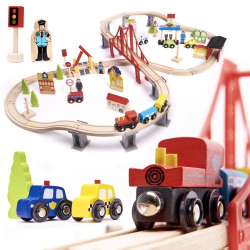  HOLZEISENBAHN-ZUG-MDF-Gleise + ZUBEHÖR 70 ELEMENTE