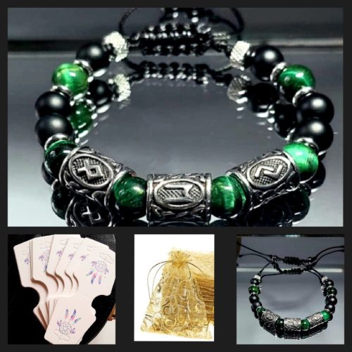  ARMBAND DREI WIKINGER-RUNEN ZUR AUSWAHL AUS STAHL STEIN TIGERAUGE BENUTZERDEFINIERTE GRÖSSE