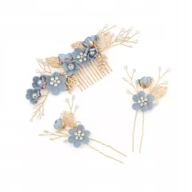    Ein Set Hochzeitshaarschmuck, Kamm, Haarnadeln, goldblaue Haarnadeln