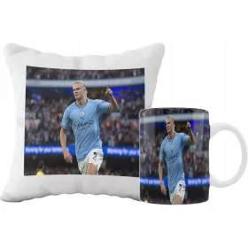    SUPERBECHER- UND KISSENSET + KOSTENLOSE NAMENS-ERLING HAALAND-FUSSBALLSPIELER-DESIGNS