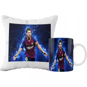    SUPER-BECHER- UND KISSEN-SET + KOSTENLOSE NAMENS-LIONEL-MESSI-FUSSBALLSPIELER-DESIGNS