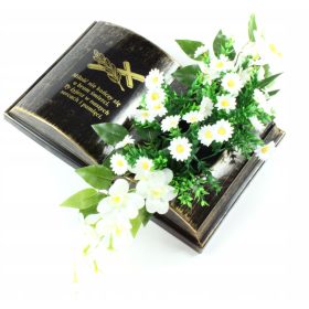    BUCH zur Grabdekoration Gänseblümchen Orchidee BUCH Denkmal GOLD silberne Buchstaben