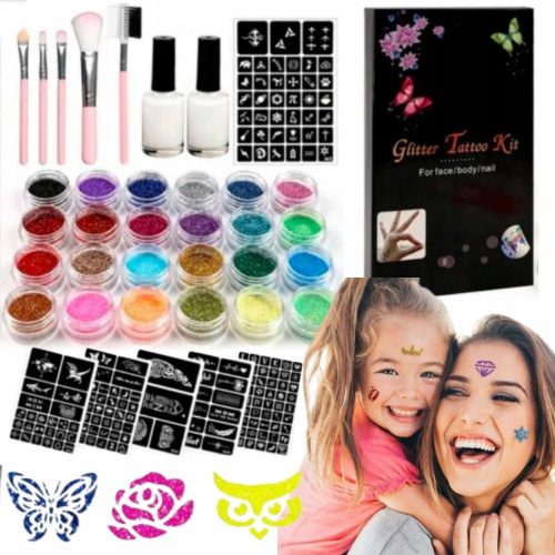  GROSSES TATTOO-SET GLITZER-TATTOOS-VORLAGEN 24 FARBEN
