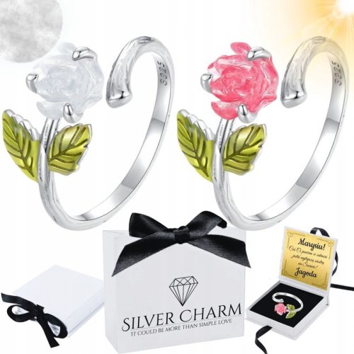  Silberner Blumenring, Rose, die im UV-Licht ihre Farbe ändert, 925er Silber