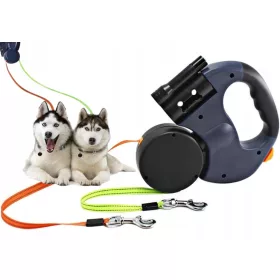    DOPPELTE AUTOMATISCHE HUNDELEINE FÜR 2 HUNDE MIT VERRIEGELBARER TASCHENLAMPE, 3M-TASCHEN