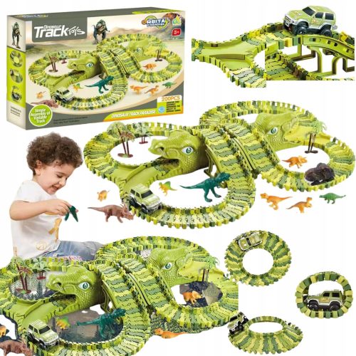  XXL Rennstrecken-Set Dinosaurier Hindernisse Auto Figuren Steine 200El