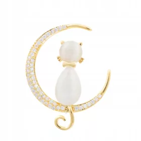    PINETS Vergoldete Brosche „Katze auf dem Mond“ mit Zirkonen
