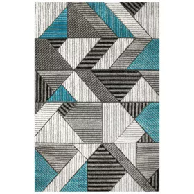    140x190 cm WEICHGRAUER TÜRKIS-TEPPICH AMELIA AUS FLEECE DREIECKIGE LINIEN