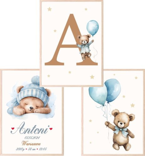  Set mit 3 A3-Postern: Teddybären mit Luftballons, Geburtsurkunde, Personalisierung mit dem Namen des Kindes