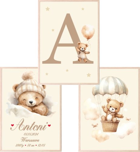  Set mit 3 A3-Postern, beige Teddybären mit Luftballons mit dem Namen des Kindes