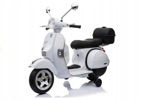  Motor Batteriebetriebener Roller für Kinder Vespa Weiß 2 Motoren Leder-EVA-Räder