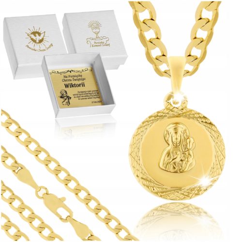 GOLDRÜSTUNGSKETTE + GOTTESMUTTER-MEDAILLE GRAVUR AUS 18K CHIRURGENSTAHL