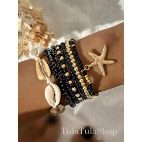  MUSCHEL-SCHMUCK-SET GOLD SCHWARZE PERLEN-ARMBÄNDER