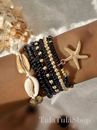  MUSCHEL-SCHMUCK-SET GOLD SCHWARZE PERLEN-ARMBÄNDER
