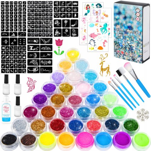  GLITZER-TATTOOS FÜR KINDER GROSSES SET 36 Glitzer-Pailletten 187 Schablonen