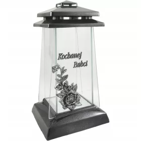    Große trapezförmige Kapellenkerze mit Widmung, silberne Rose, 31 cm