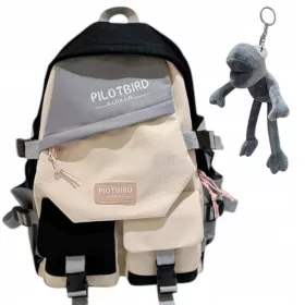   Cremefarbener Schulrucksack für Mädchen mit Frosch-Anhänger