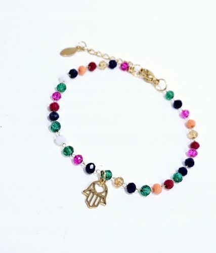  Armband Bunte Glasperlen, Gold, Hand der Fatima, Herz