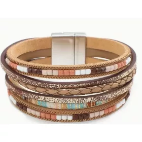  Boho-Lederarmband mit silbernen Bändern und Magnet