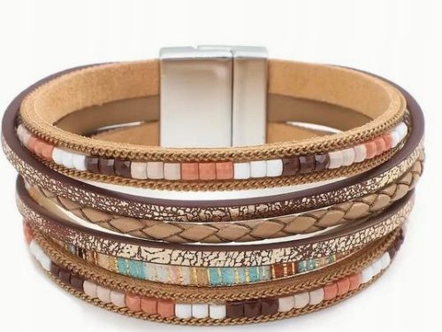  Boho-Lederarmband mit silbernen Bändern und Magnet