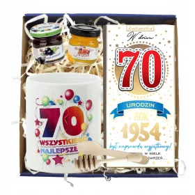    GESCHENKSET ZUM 70. GEBURTSTAG, BECHER, SCHOKOLADE, MARMELADE, HONIG