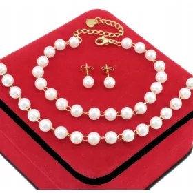    VERGOLDETES SCHMUCKSET MIT WEIßEN PERLEN AUS CHIRURGENSTAHL