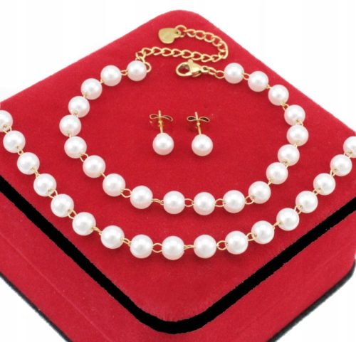  VERGOLDETES SCHMUCKSET MIT WEIßEN PERLEN AUS CHIRURGENSTAHL