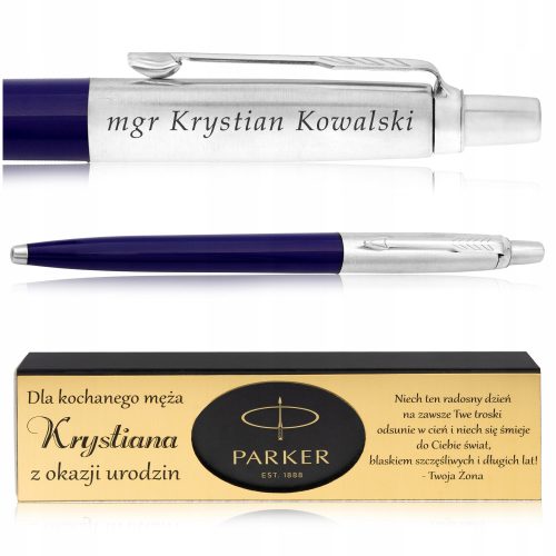  Traditioneller blauer Parker-Kugelschreiber + ORIGINAL-PARKER-GESCHENKBOX + GOLDPLATTE MIT EINGRAVIERTER Widmung