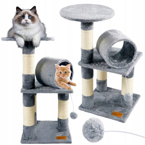  PETSTORY Grauer Katzenkratzbaum, 3 Ebenen, TUNNEL, SIZAL-Stange, Ball