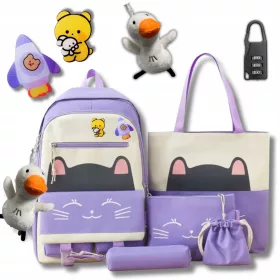   Vielseitiger Schulrucksack für Mädchen - Katzenmotiv, inklusive Zubehör 5-in-1 Set