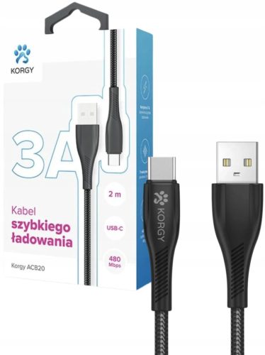  Korgy ACB20 USB-A – USB-C-Kabel, 2 m, schwarzes Nylongeflecht