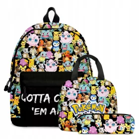    Pokemon-Schulrucksack mit mehreren Fächern, Schwarz, Blautöne, Rosatöne, Gelb- und Goldtöne, Mehrfarbig