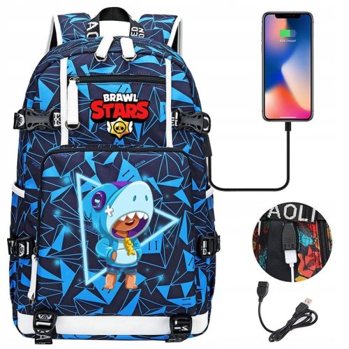  Brawl Stars Shark Leon Rucksack mit USB-Aufladung, wasserdicht, großes Fassungsvermögen