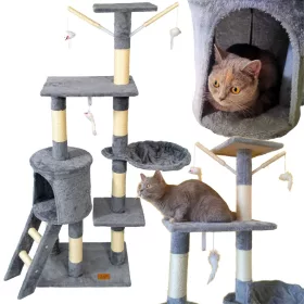    PETSTORY grauer Kratzbaum für große Katzen, 6 Ebenen, HÄNGEMATTE, Sisal, 145 cm