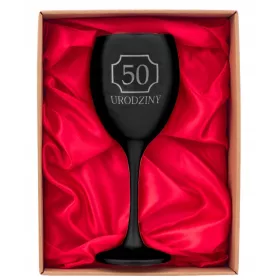    Glas zum 50. Geburtstag, schwarz mit Gravur in einer roten Box