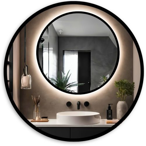  LED-RUNDSPIEGEL 90 IN SCHWARZEM RAHMEN LED-BELEUCHTETES LOFT-BADEZIMMER