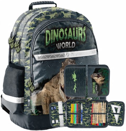 Schulrucksack für Jungen 1.-4. Klasse, Dinosaurier-Design, grün, Set von PASO