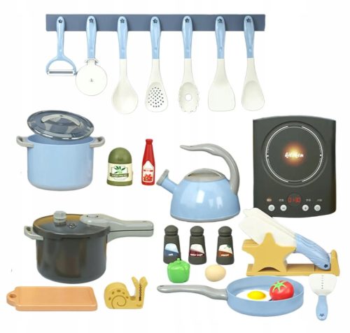  Großes Küchenset für Kinder, Töpfe, Geschirr, Induktionskochfeld, 31-teilig W035