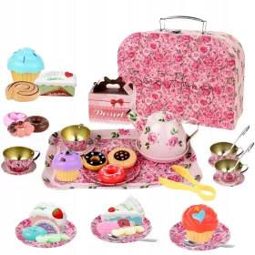    GROSSES ROSEN-TEEESERVICE, KRUG, TABLETT, TASSE, SÜßE IM KOFFER