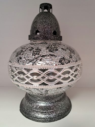  Grabkerze, große Laterne, Premium-Karaffe, Buntglas, UFO-Dekor, silberfarben, 30 cm