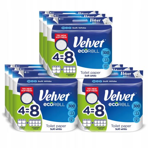 Velvet ecoROLL Toilettenpapier, 3-lagig, 4=8 Rollen, Weiss