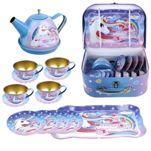  Teeservice im Koffer, Einhorn, Krug, Tablett, Teller, Tasse